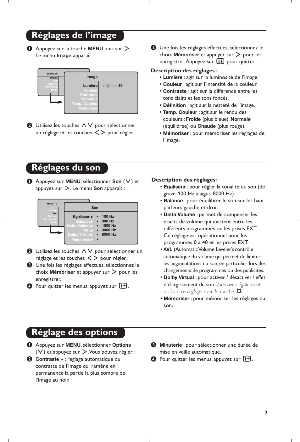 Réglages de l’image réglages du son, Réglage des options | Philips Téléviseur à écran large User Manual | Page 9 / 172