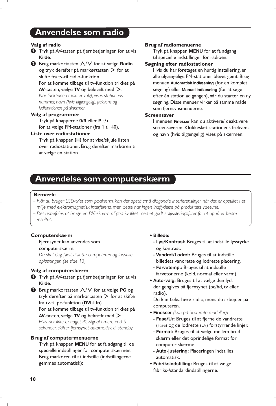 Anvendelse som computerskærm, Anvendelse som radio | Philips Téléviseur à écran large User Manual | Page 96 / 172