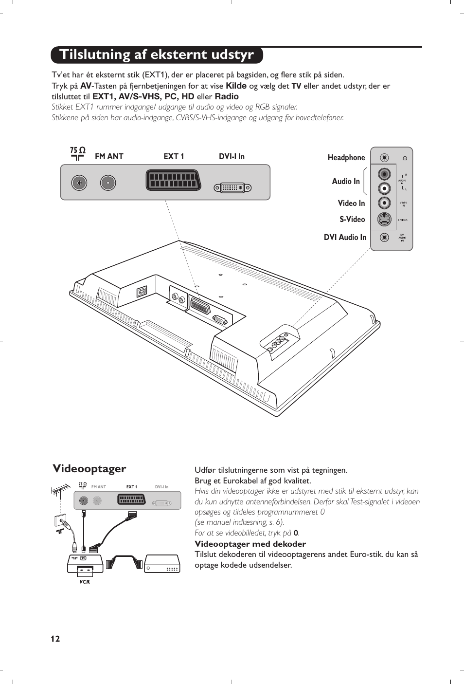 Tilslutning af eksternt udstyr, Videooptager | Philips Téléviseur à écran large User Manual | Page 98 / 172