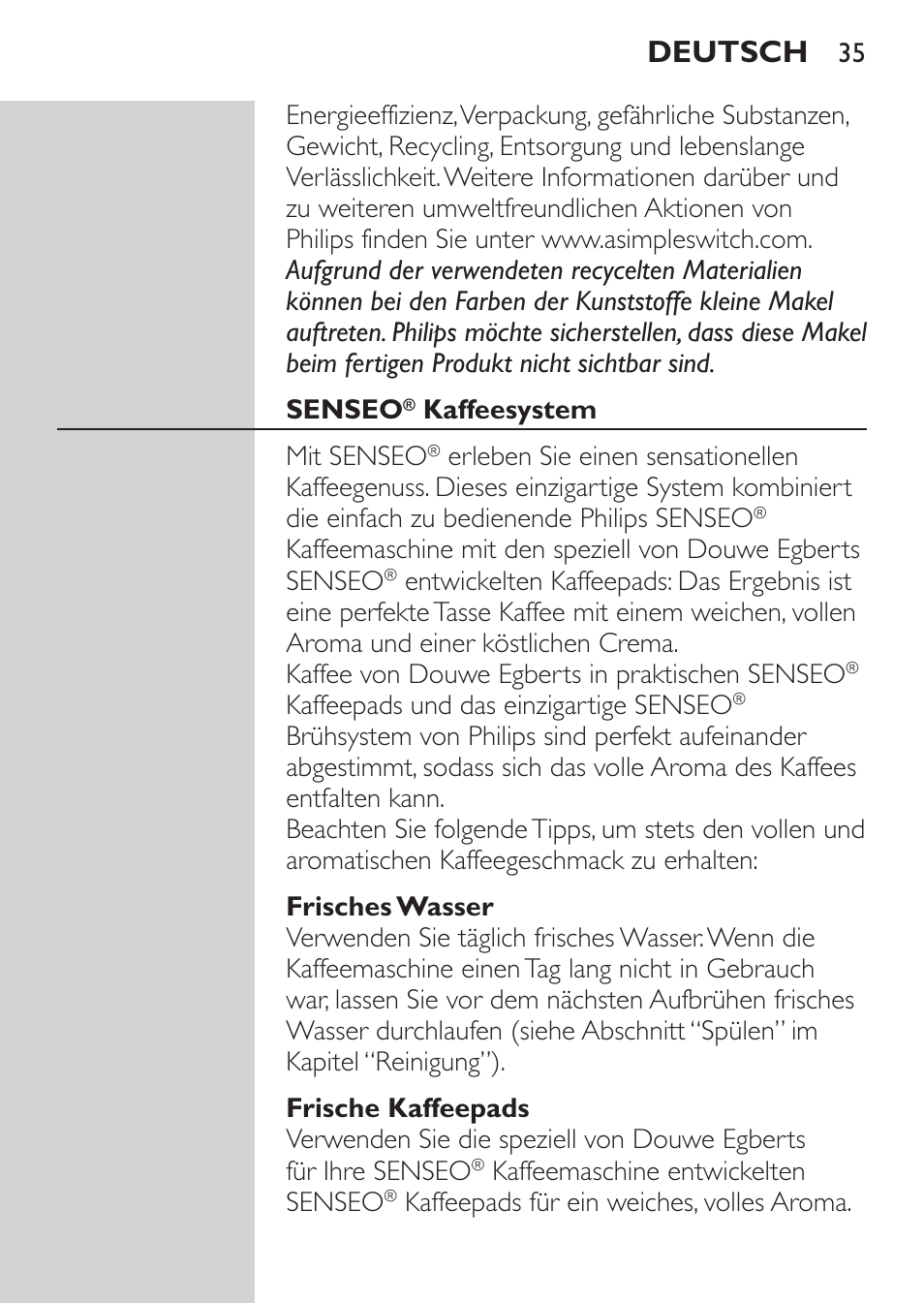 Deutsch | Philips SENSEO® Machine à café à dosettes User Manual | Page 35 / 122
