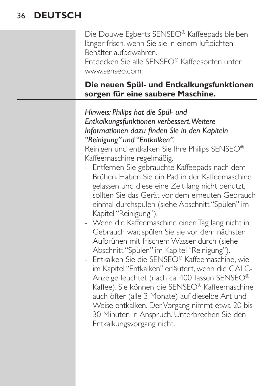 Deutsch | Philips SENSEO® Machine à café à dosettes User Manual | Page 36 / 122