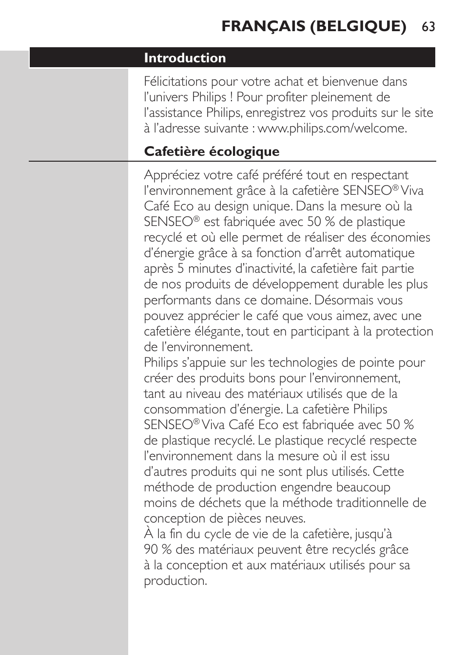 Français (belgique) | Philips SENSEO® Machine à café à dosettes User Manual | Page 63 / 122