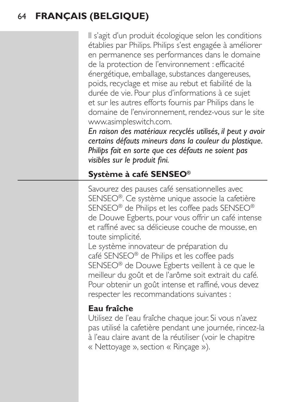 Français (belgique) | Philips SENSEO® Machine à café à dosettes User Manual | Page 64 / 122