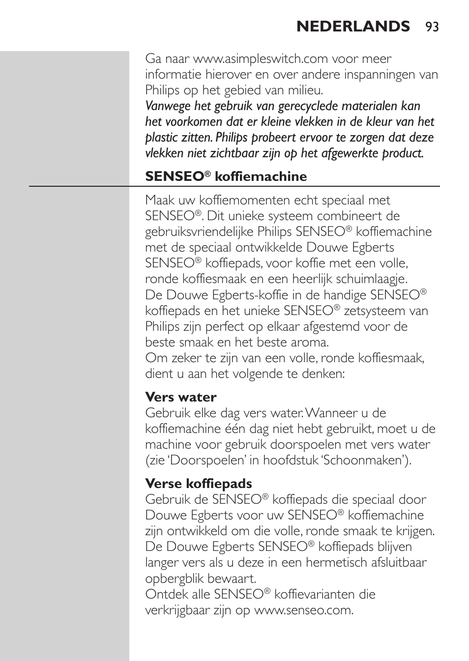 Nederlands | Philips SENSEO® Machine à café à dosettes User Manual | Page 93 / 122