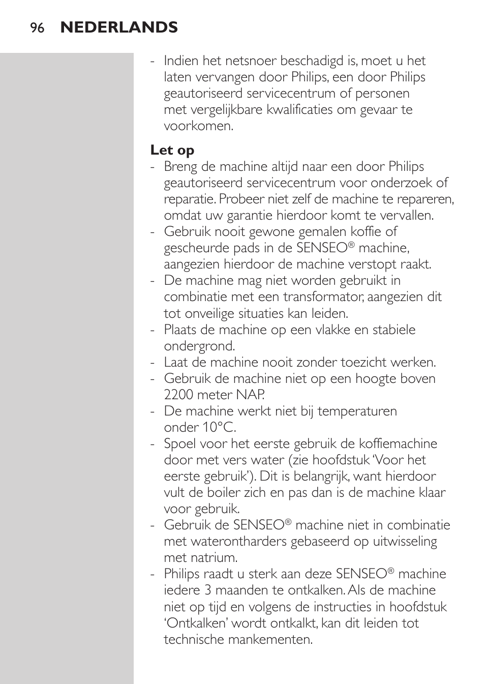 Nederlands | Philips SENSEO® Machine à café à dosettes User Manual | Page 96 / 122