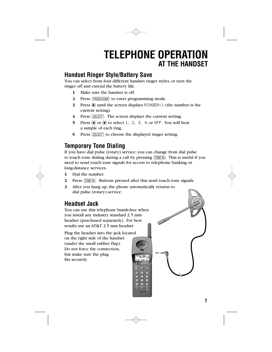 Headline right, Telephone operation, Headline r-sub | At the handset, Handset ringer style/battery save, Temporary tone dialing, Headset jack | AT&T 1450 User Manual | Page 10 / 24