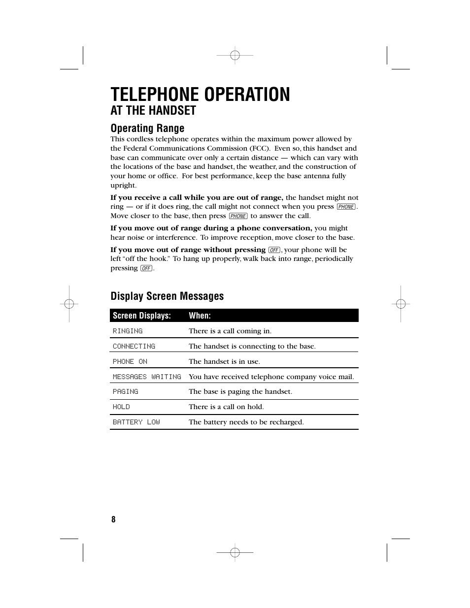 Telephone operation, At the handset, Operating range | Display screen messages | AT&T 1450 User Manual | Page 11 / 24