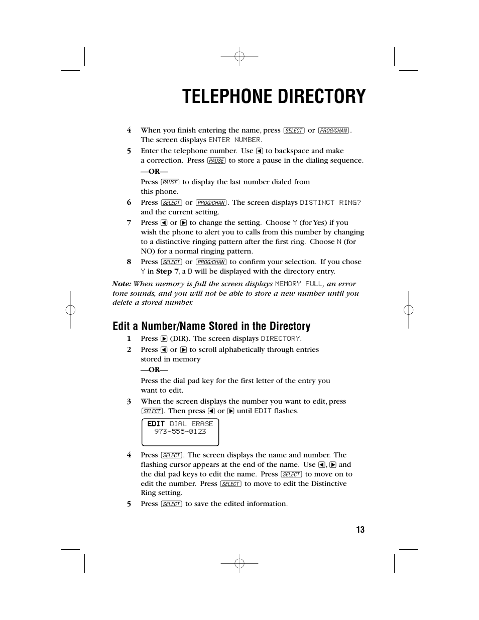 Telephone directory, Edit a number/name stored in the directory | AT&T 1450 User Manual | Page 16 / 24