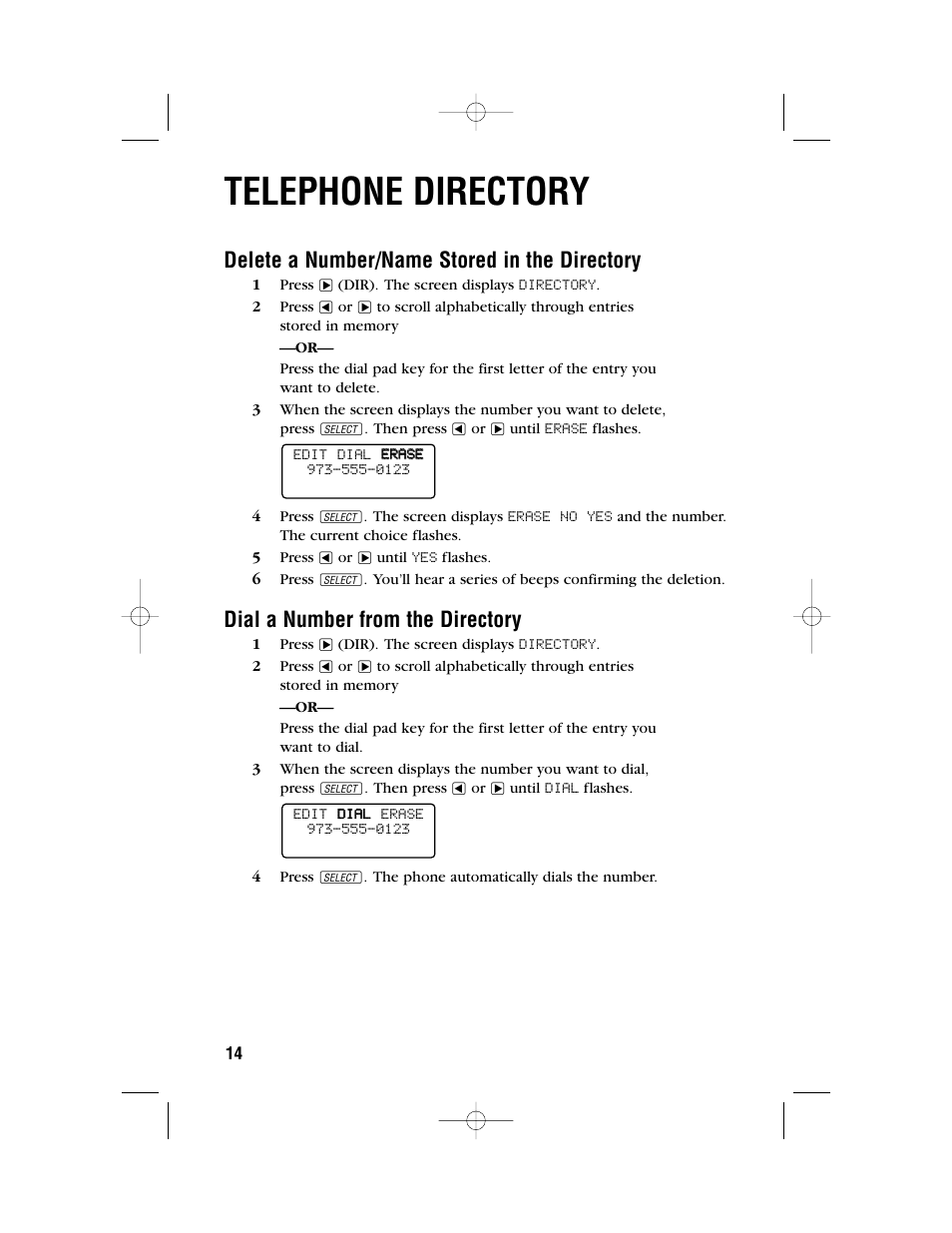 Telephone directory, Delete a number/name stored in the directory, Dial a number from the directory | AT&T 1450 User Manual | Page 17 / 24