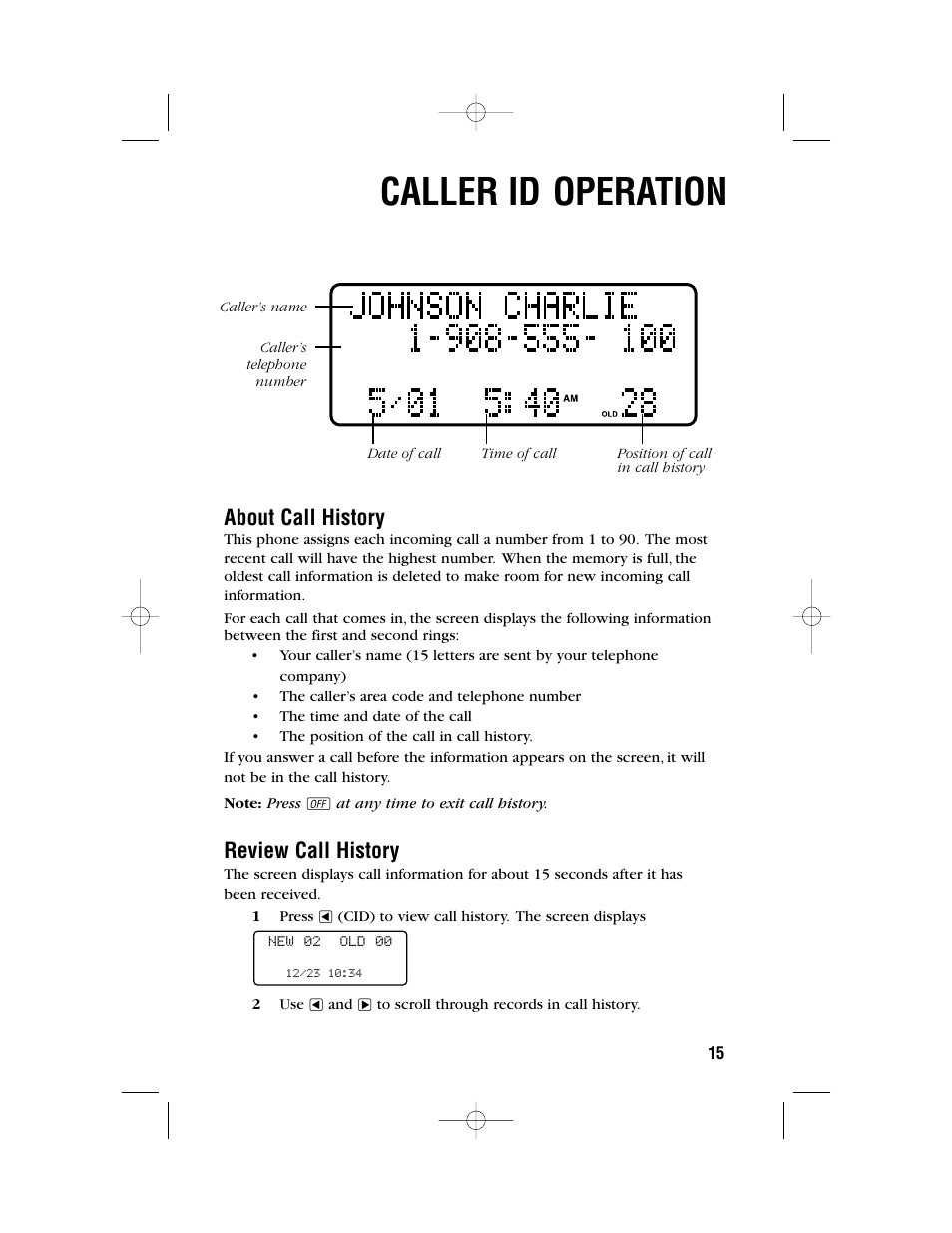 Caller id operation, About call history, Review call history | AT&T 1450 User Manual | Page 18 / 24