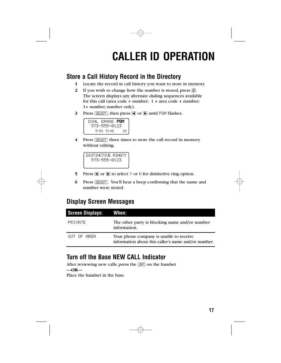 Caller id operation, Store a call history record in the directory, Display screen messages | Turn off the base new call indicator | AT&T 1450 User Manual | Page 20 / 24