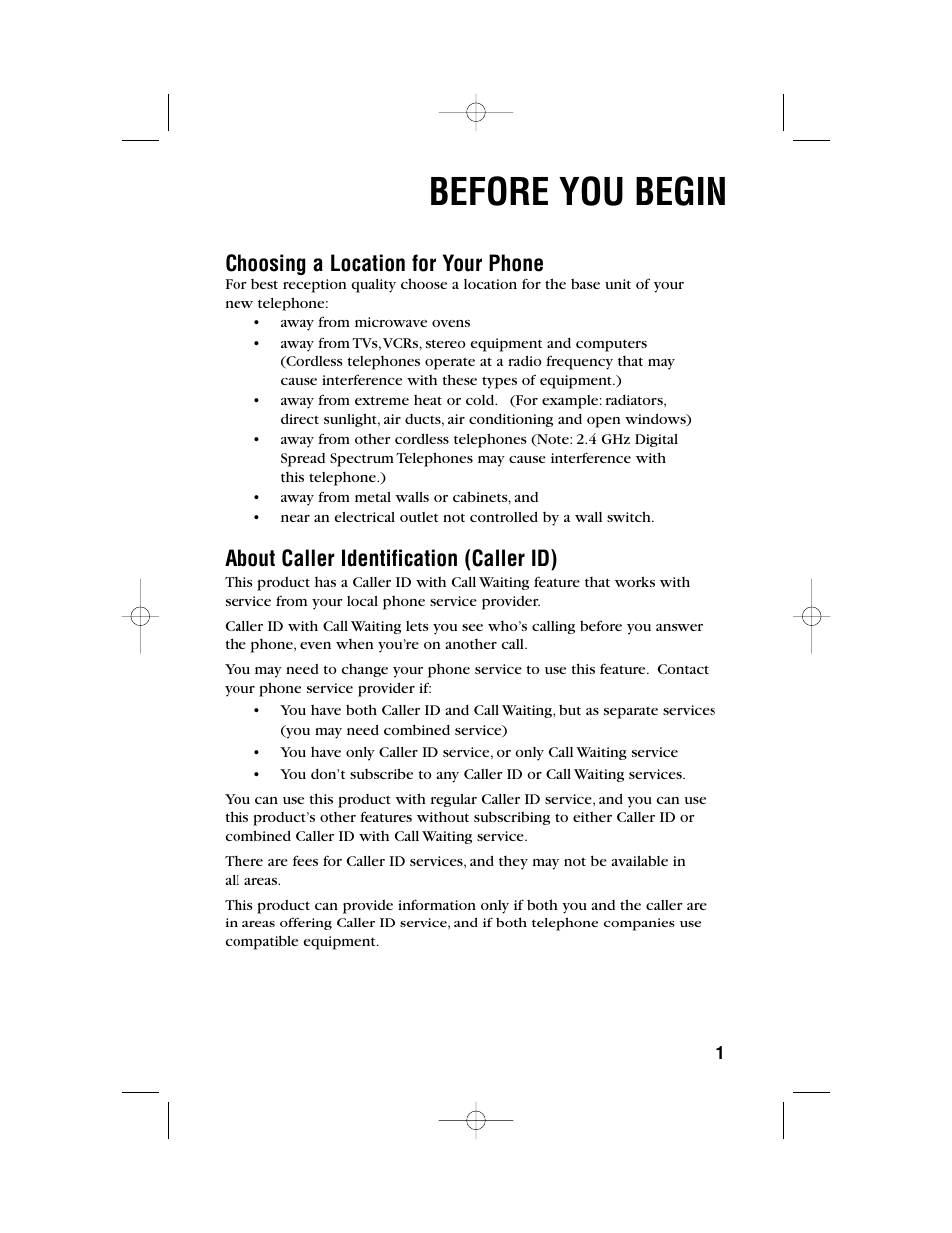 Before you begin, Choosing a location for your phone, About caller identification (caller id) | AT&T 1450 User Manual | Page 4 / 24