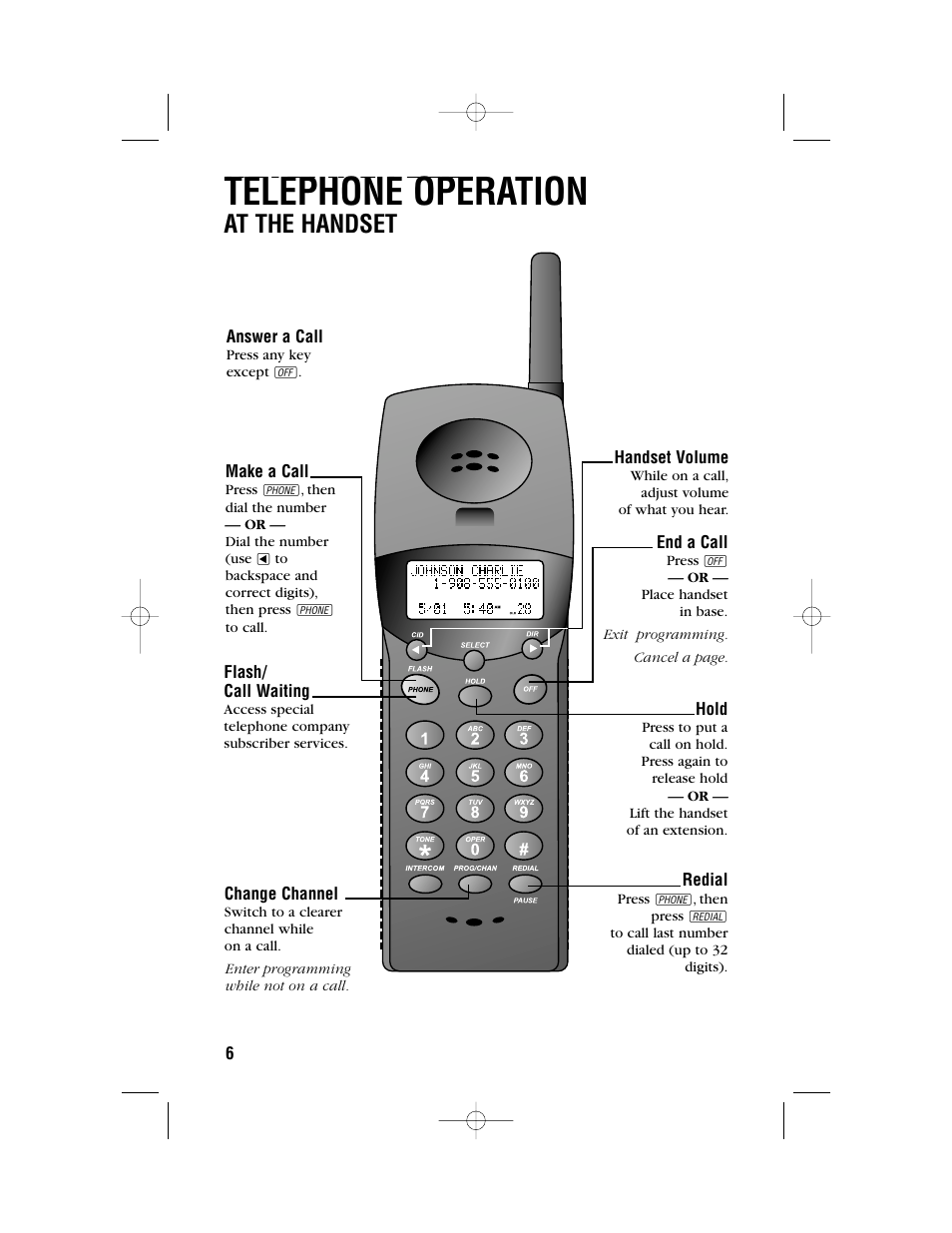 Headline left, Telephone operation, Headline l-sub | At the handset | AT&T 1450 User Manual | Page 9 / 24