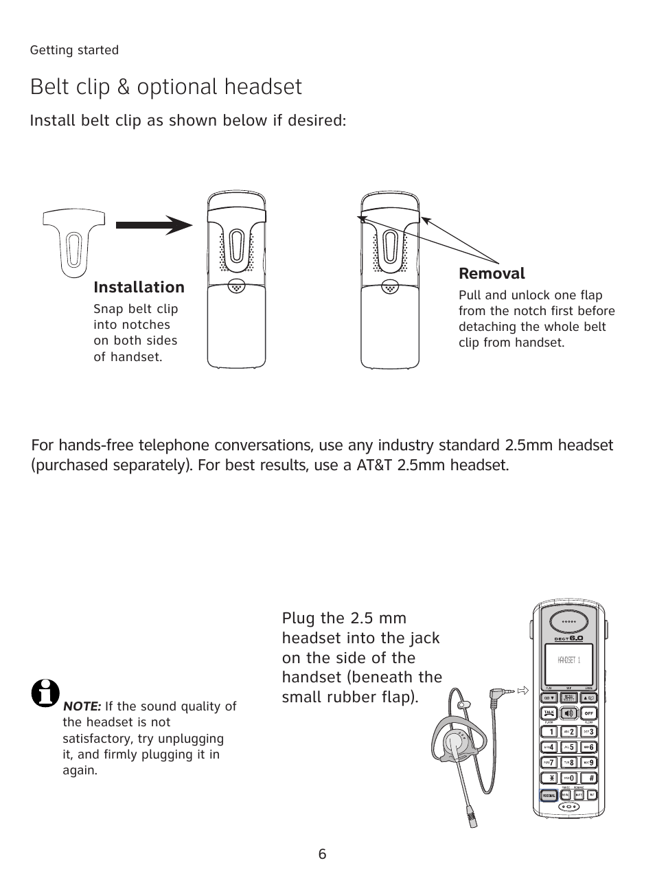 Belt clip & optional headset, Installation, Removal | Getting started | AT&T AT3111-2 User Manual | Page 10 / 61