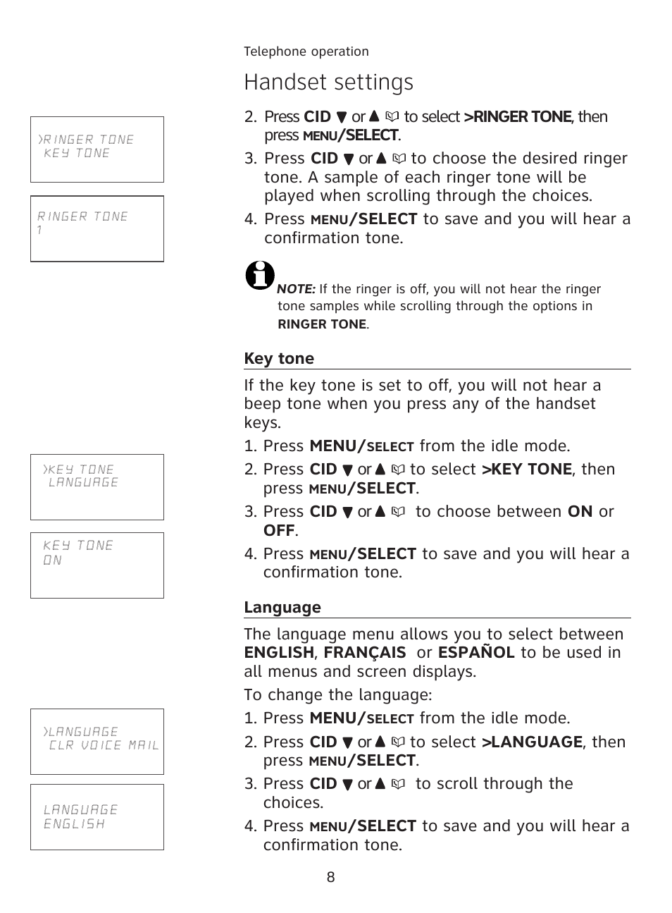 Handset settings | AT&T AT3111-2 User Manual | Page 12 / 61