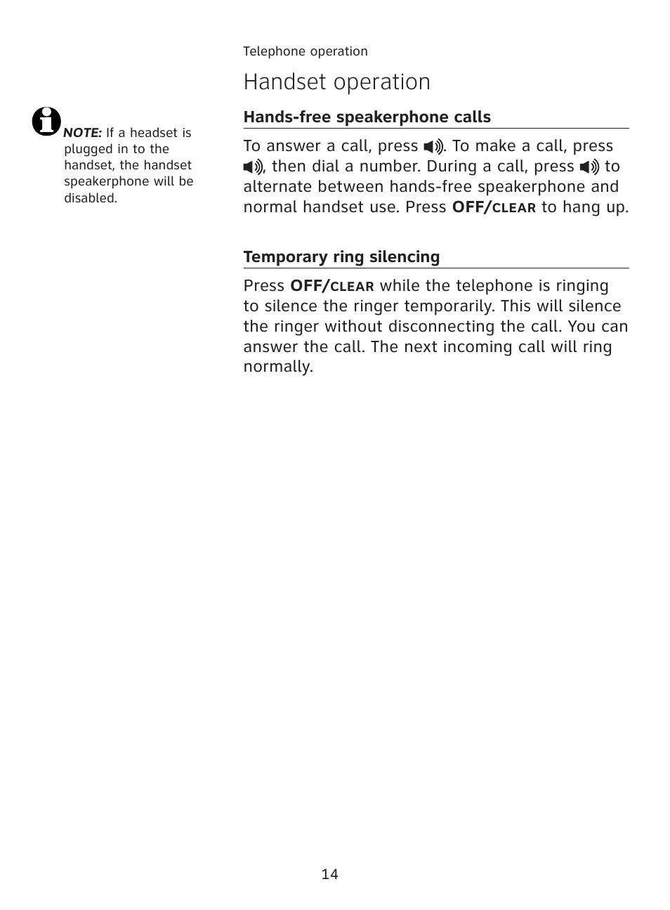 Handset operation | AT&T AT3111-2 User Manual | Page 18 / 61