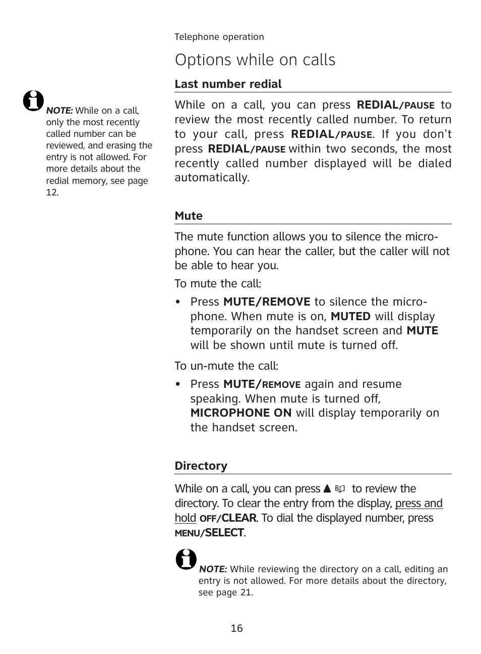 Options while on calls | AT&T AT3111-2 User Manual | Page 20 / 61