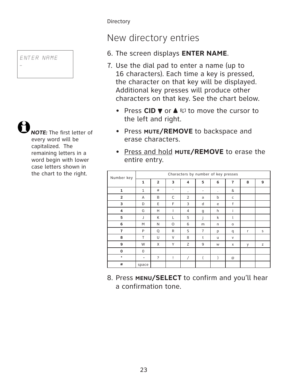 New directory entries, Remove to erase the entire entry. 8. press, Mute | Menu | AT&T AT3111-2 User Manual | Page 27 / 61