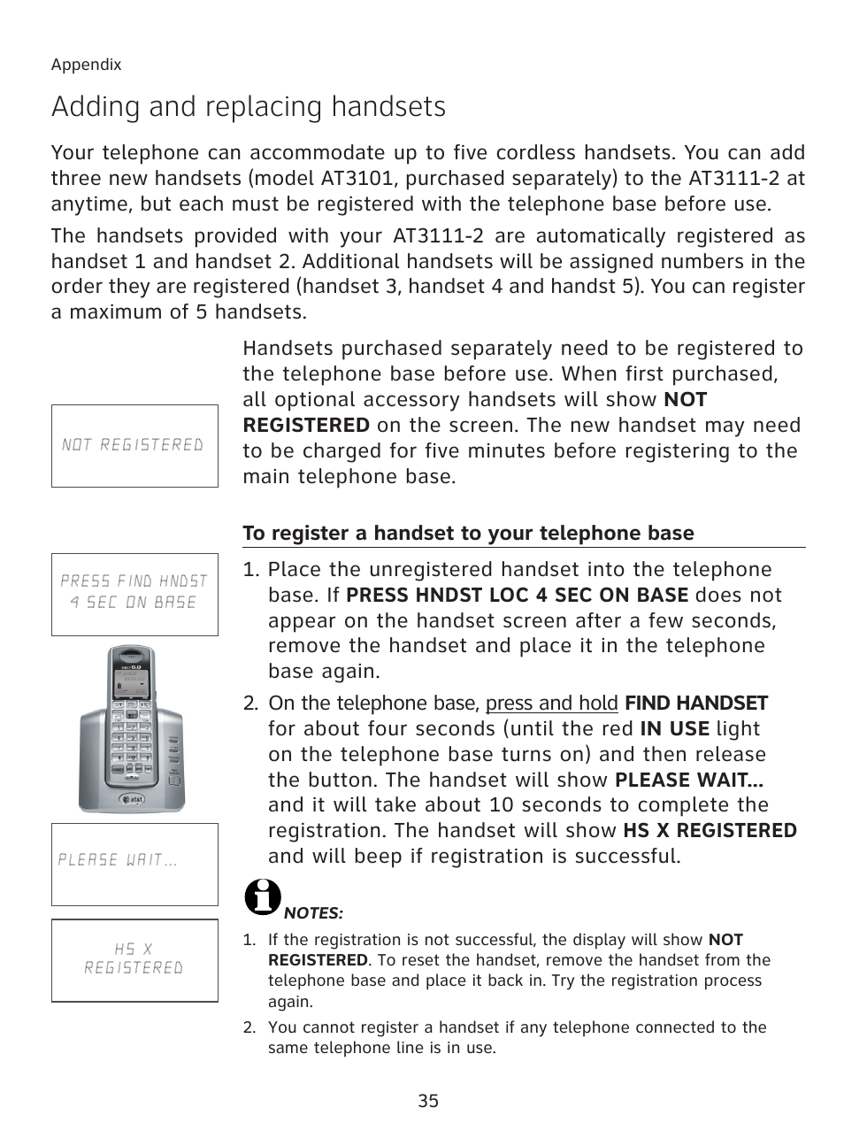 Adding and replacing handsets, Not registered, Press hndst loc 4 sec on base | For about four seconds (until the red, Hs x registered, And will beep if registration is successful | AT&T AT3111-2 User Manual | Page 39 / 61