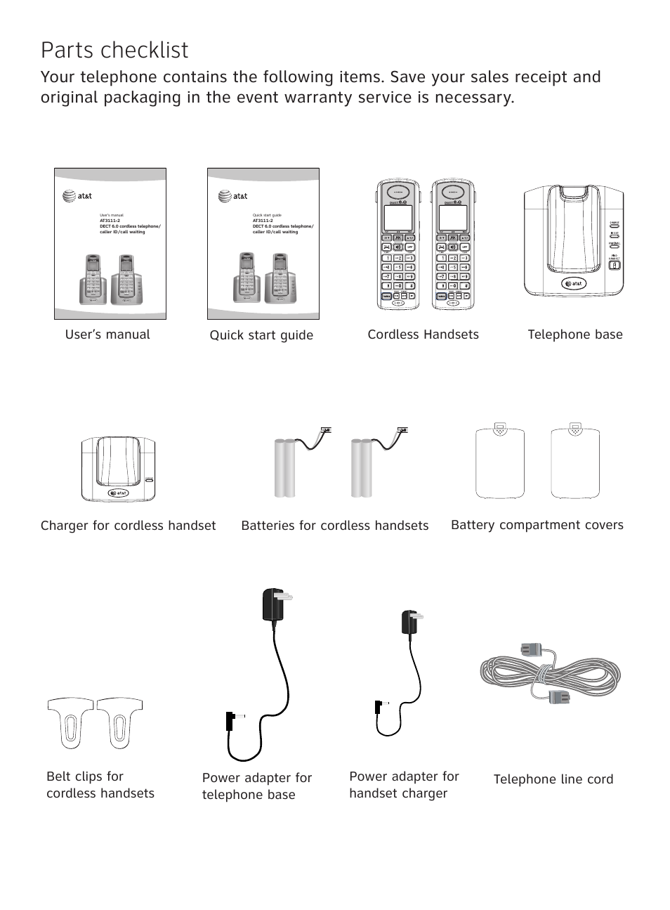 Parts checklist | AT&T AT3111-2 User Manual | Page 4 / 61