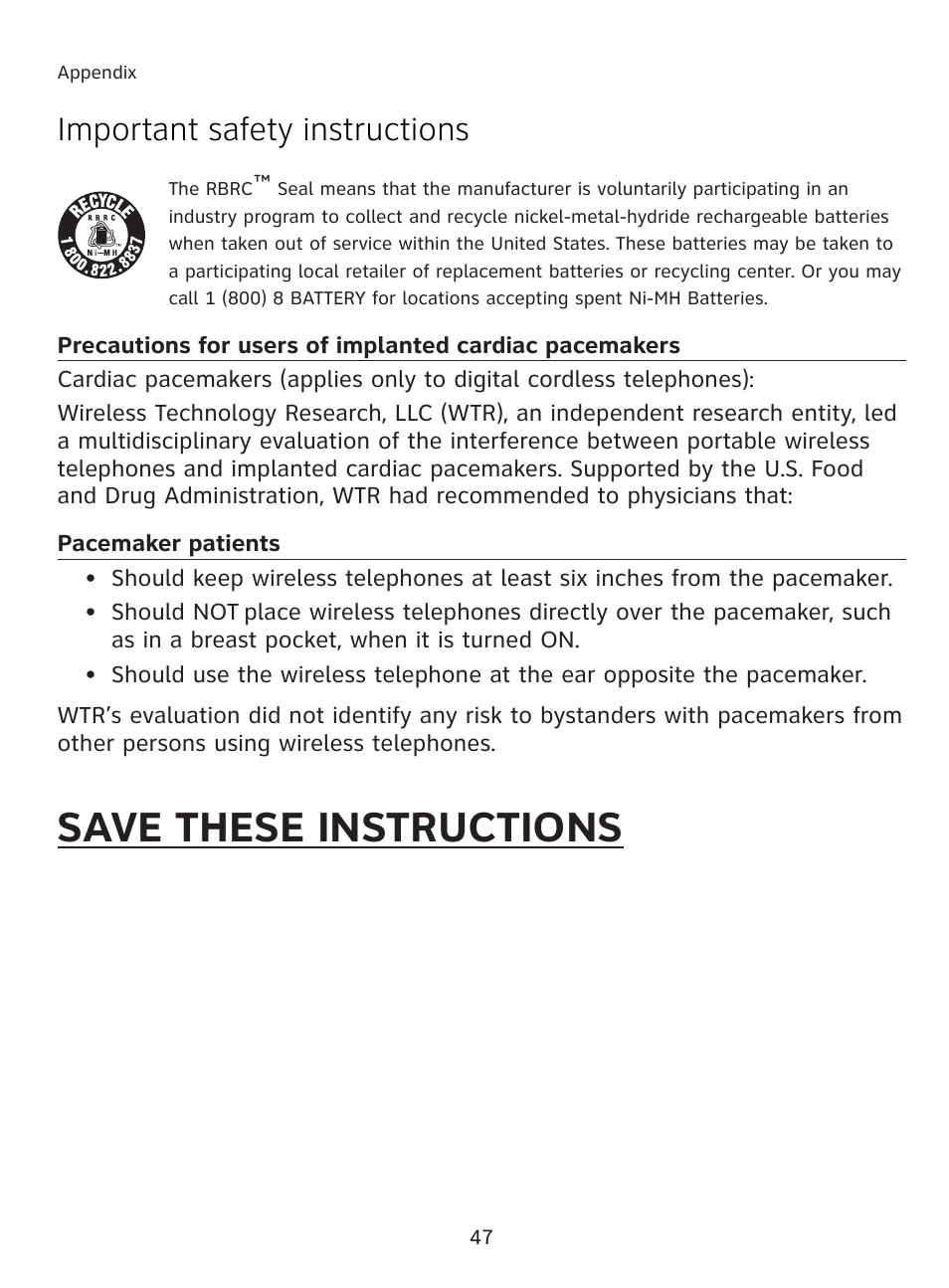 Save these instructions, Important safety instructions | AT&T AT3111-2 User Manual | Page 51 / 61