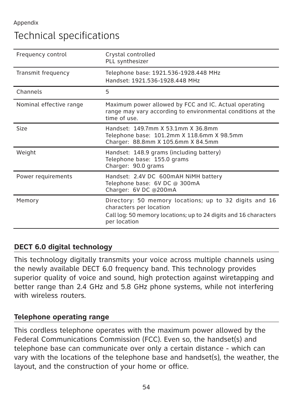 Technical specifications | AT&T AT3111-2 User Manual | Page 58 / 61
