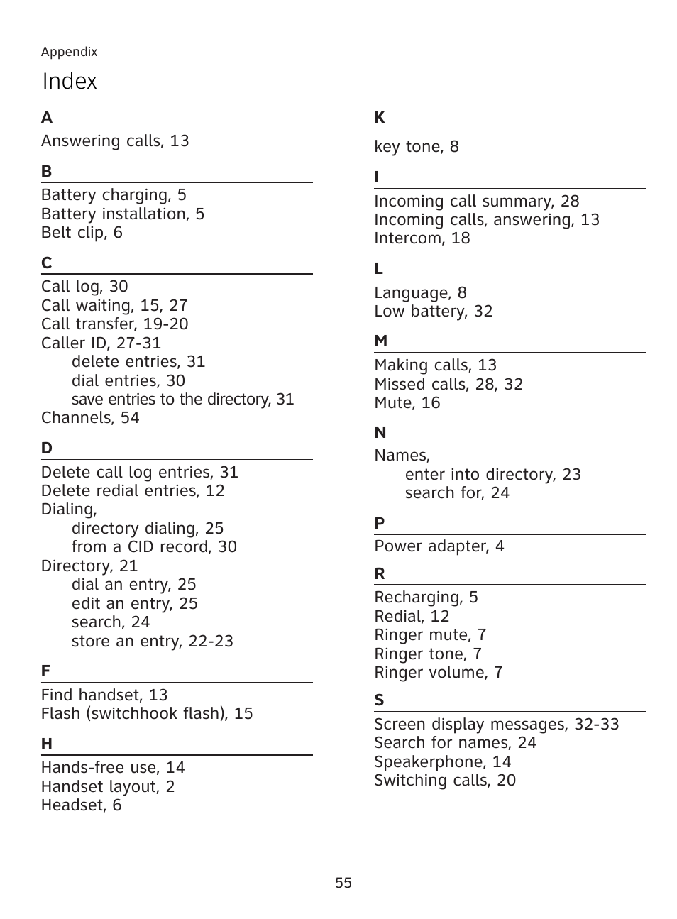 Index | AT&T AT3111-2 User Manual | Page 59 / 61