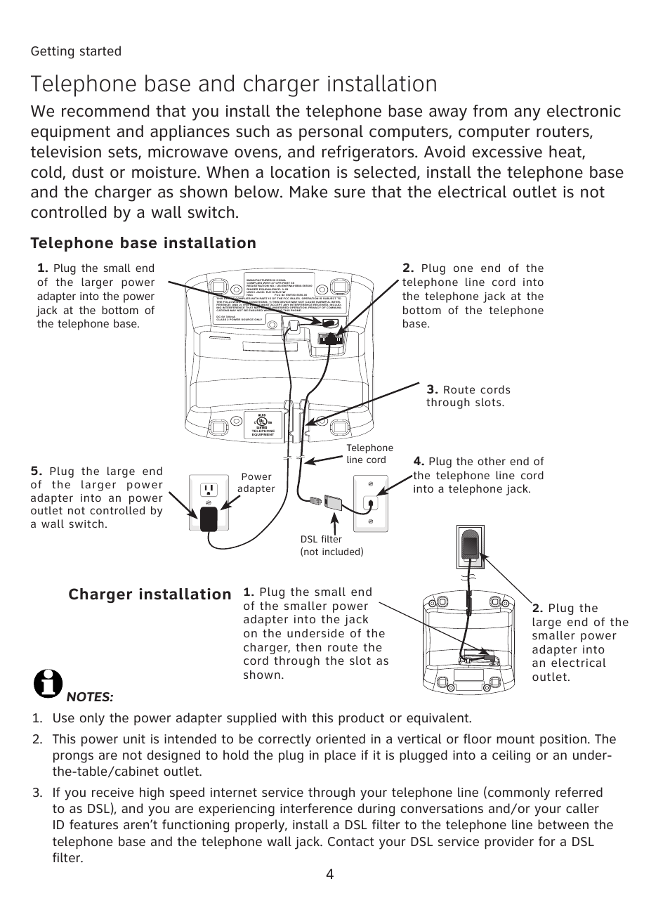 Telephone base and charger installation, Charger installation telephone base installation, Getting started | AT&T AT3111-2 User Manual | Page 8 / 61