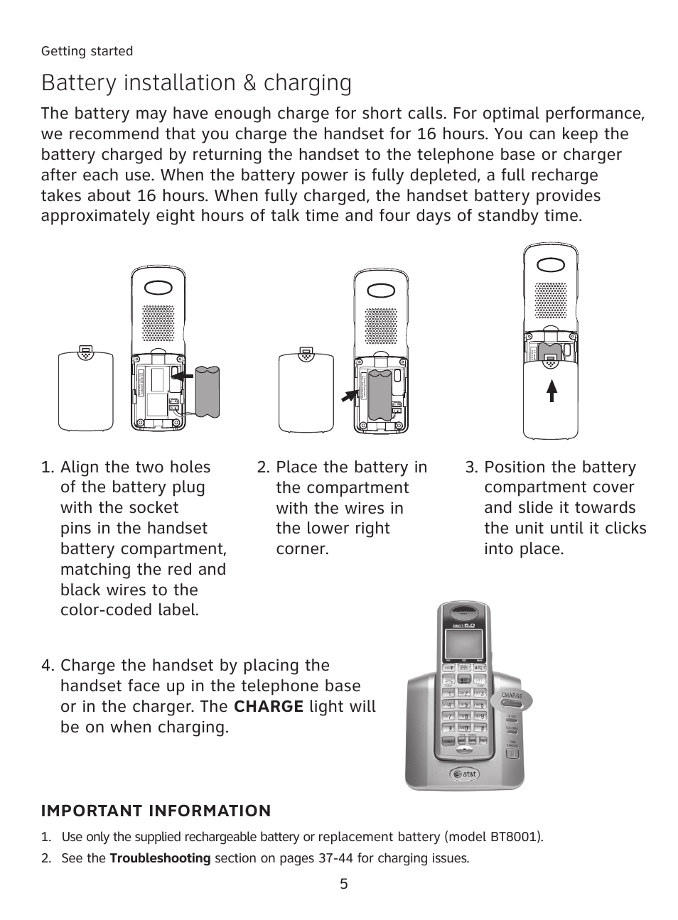 Battery installation & charging, Important information, Getting started | AT&T AT3111-2 User Manual | Page 9 / 61