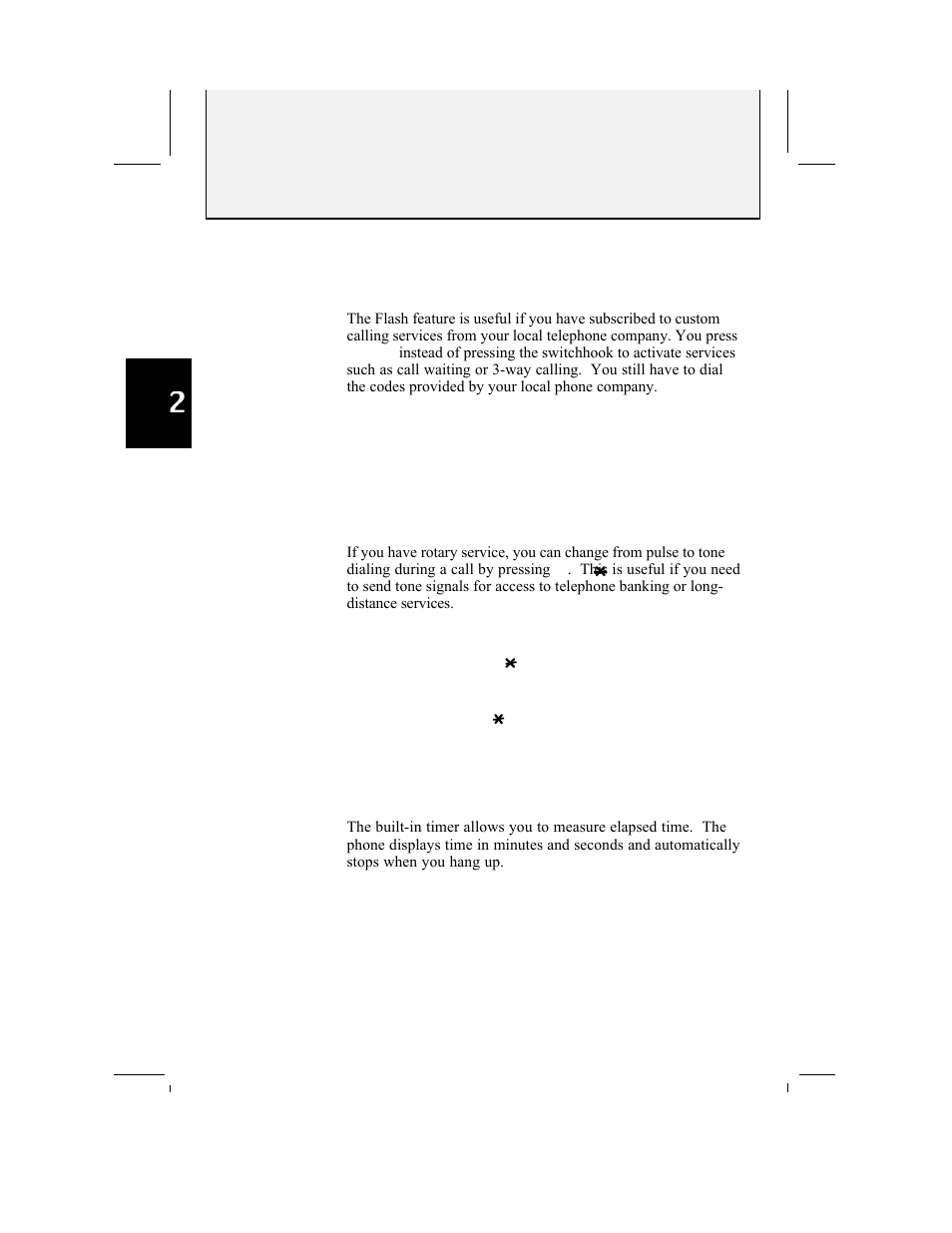 Operation, Flash, Temporary tone dialing | Monitoring the length of a call | AT&T 882 User Manual | Page 24 / 54