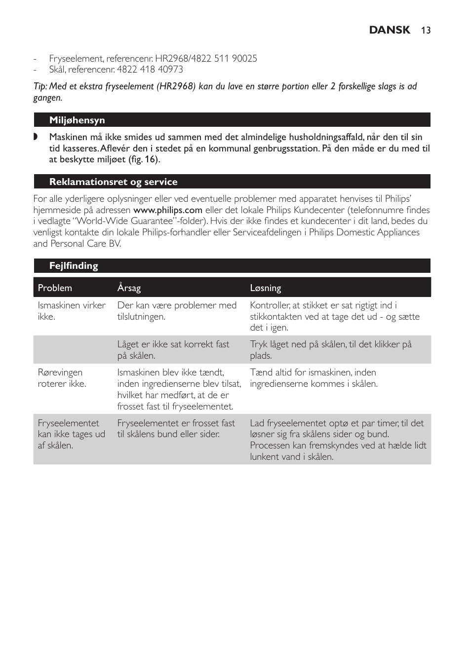 Miljøhensyn, Reklamationsret og service, Fejlfinding | Philips Sorbetière User Manual | Page 13 / 68