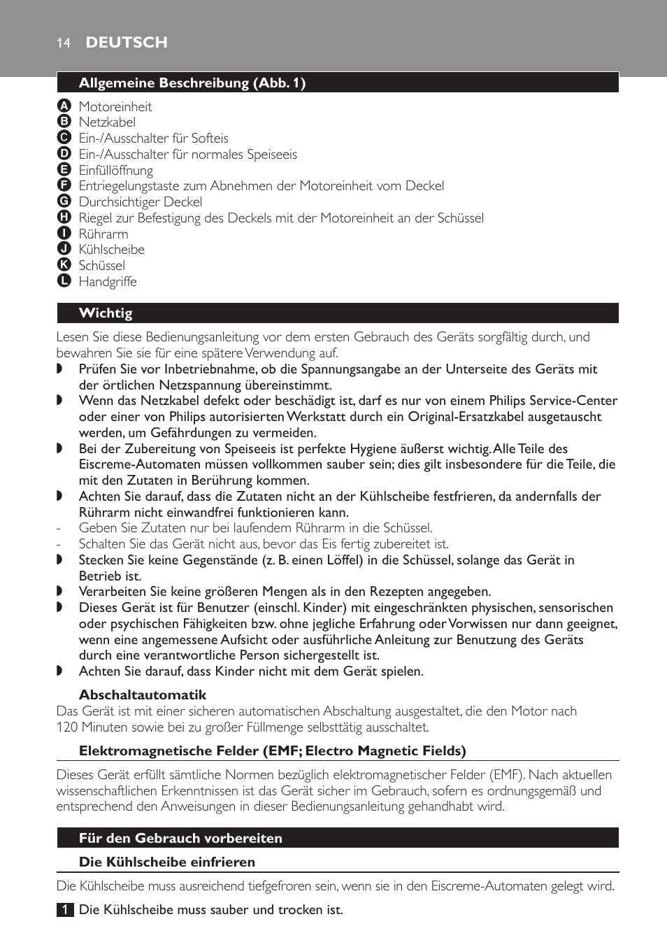 Abschaltautomatik, Deutsch, Allgemeine beschreibung (abb. 1) | Wichtig, Für den gebrauch vorbereiten, Die kühlscheibe einfrieren | Philips Sorbetière User Manual | Page 14 / 68