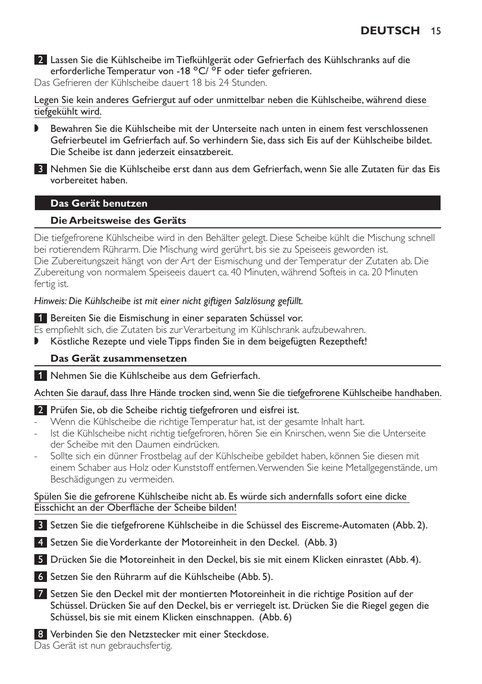 Das gerät benutzen, Die arbeitsweise des geräts, Das gerät zusammensetzen | Philips Sorbetière User Manual | Page 15 / 68