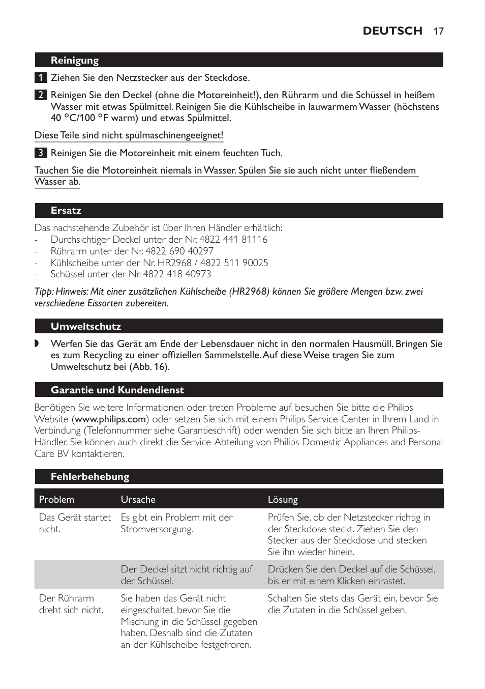 Reinigung, Ersatz, Umweltschutz | Garantie und kundendienst, Fehlerbehebung | Philips Sorbetière User Manual | Page 17 / 68