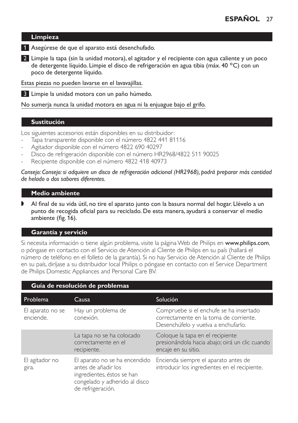 Limpieza, Sustitución, Medio ambiente | Garantía y servicio, Guía de resolución de problemas | Philips Sorbetière User Manual | Page 27 / 68