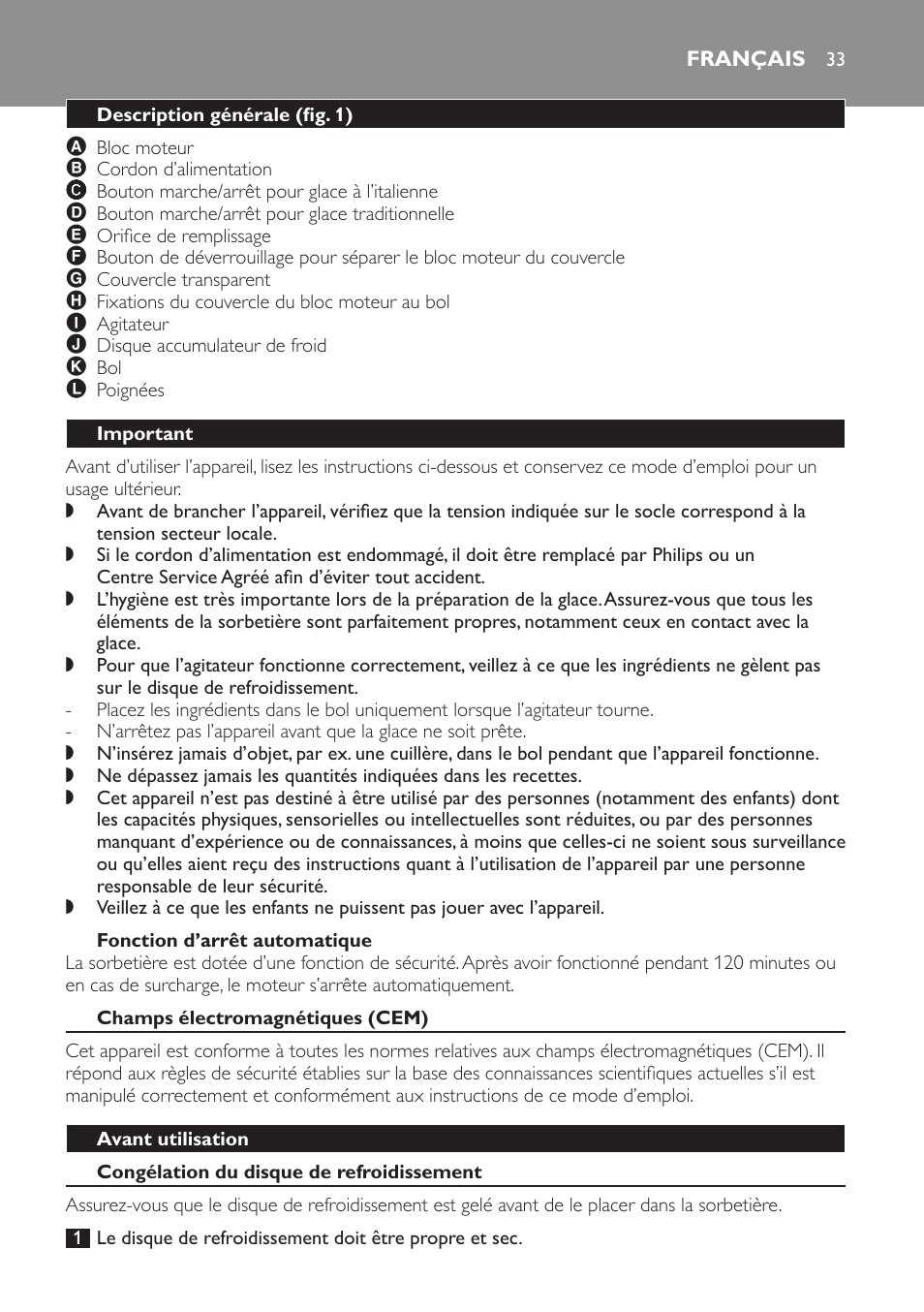 Fonction d’arrêt automatique, Français, Description générale (fig. 1) | Important, Champs électromagnétiques (cem), Avant utilisation, Congélation du disque de refroidissement | Philips Sorbetière User Manual | Page 33 / 68