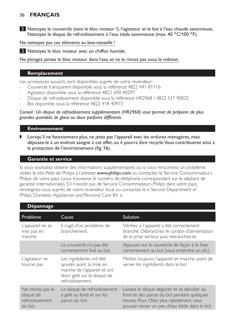 Remplacement, Environnement, Garantie et service | Dépannage | Philips Sorbetière User Manual | Page 36 / 68