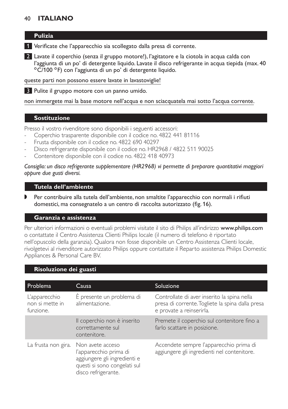 Pulizia, Sostituzione, Tutela dell’ambiente | Garanzia e assistenza, Risoluzione dei guasti | Philips Sorbetière User Manual | Page 40 / 68