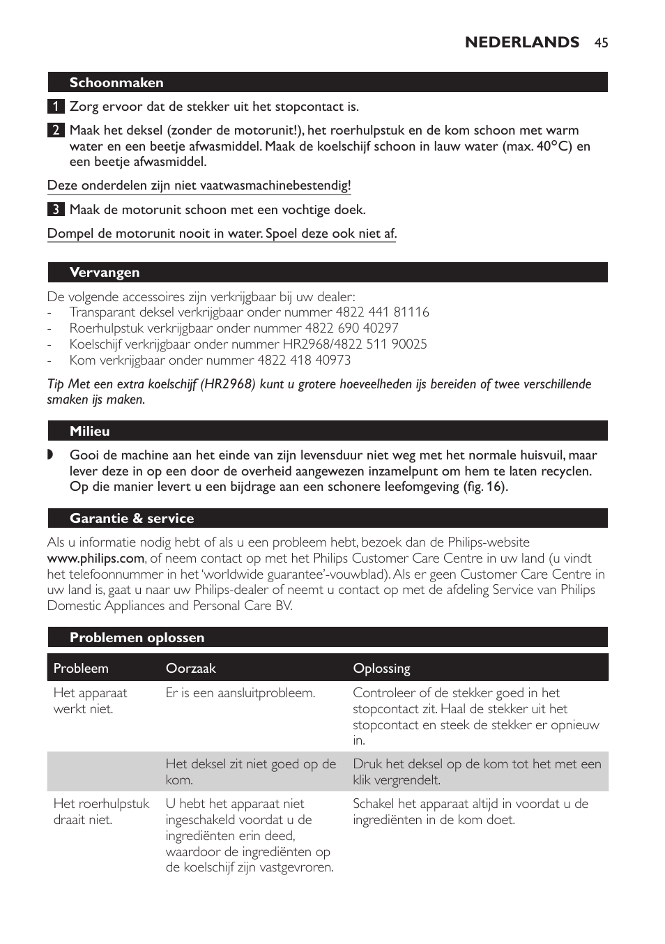 Vervangen, Milieu, Garantie & service | Problemen oplossen | Philips Sorbetière User Manual | Page 45 / 68