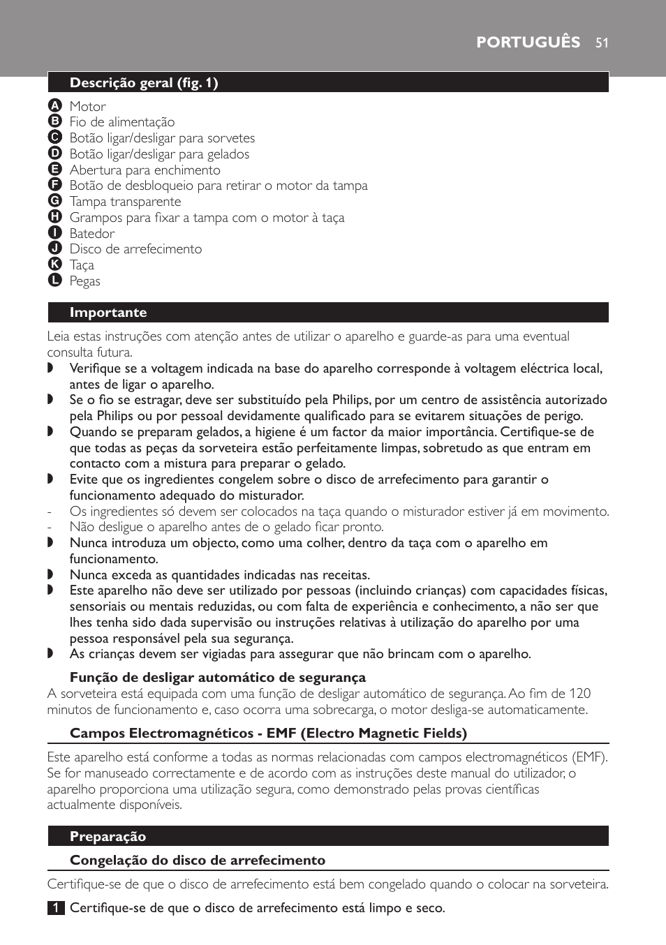 Função de desligar automático de segurança, Português, Descrição geral (fig. 1) | Importante, Preparação, Congelação do disco de arrefecimento | Philips Sorbetière User Manual | Page 51 / 68