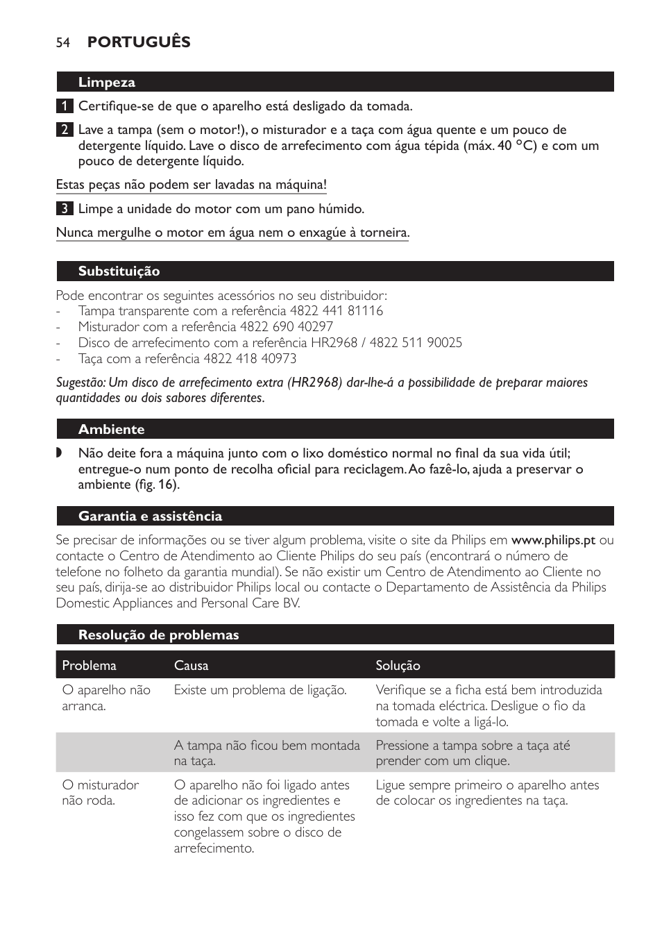 Substituição, Ambiente, Garantia e assistência | Resolução de problemas | Philips Sorbetière User Manual | Page 54 / 68