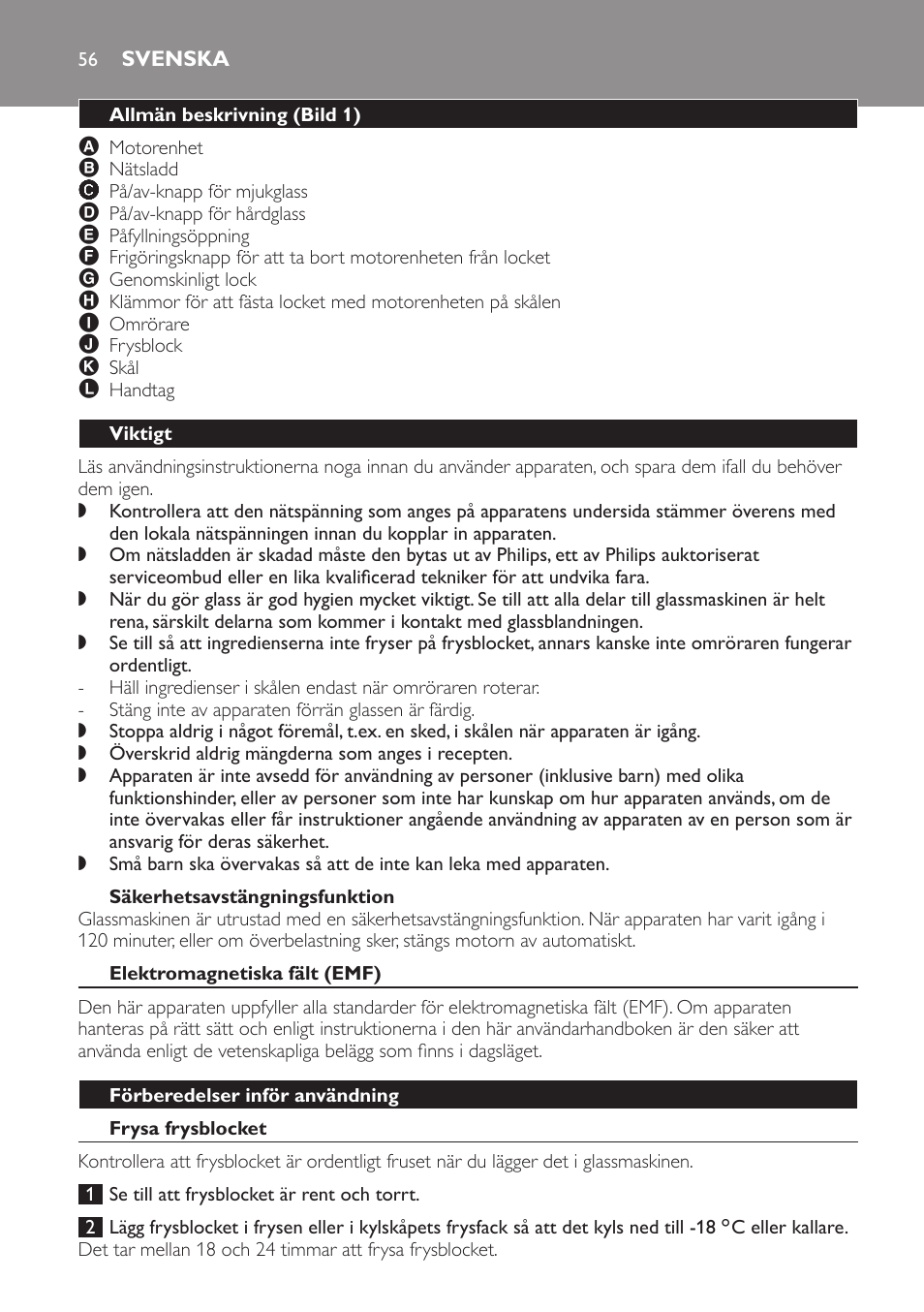 Säkerhetsavstängningsfunktion, Svenska, Allmän beskrivning (bild 1) | Viktigt, Elektromagnetiska fält (emf), Förberedelser inför användning, Frysa frysblocket | Philips Sorbetière User Manual | Page 56 / 68