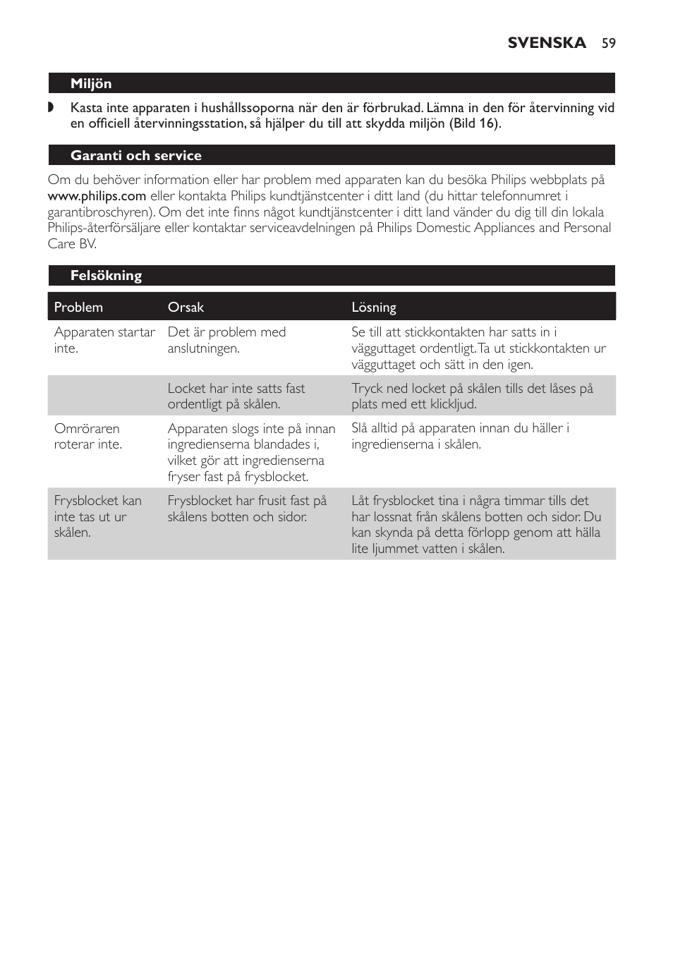 Miljön, Garanti och service, Felsökning | Philips Sorbetière User Manual | Page 59 / 68