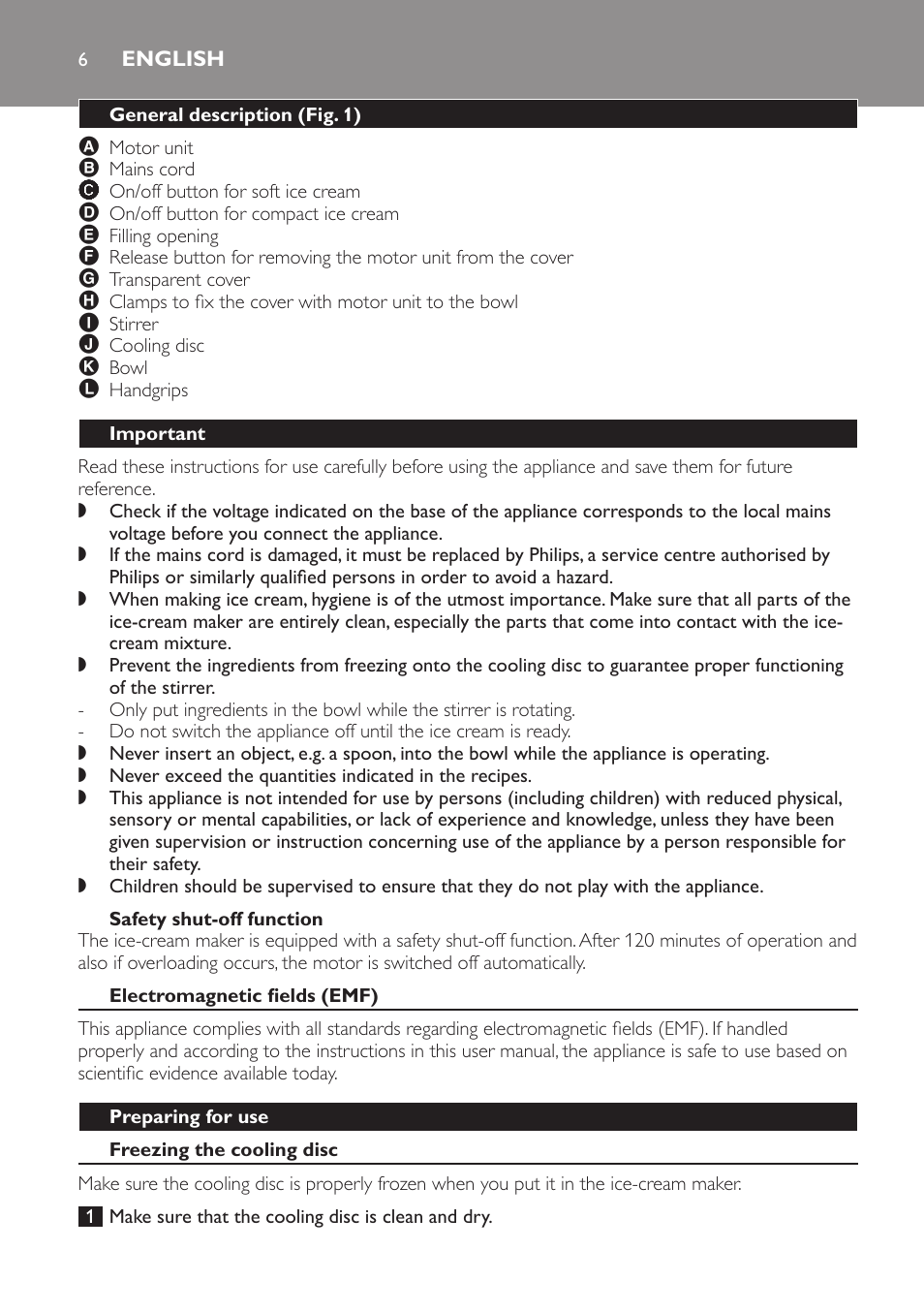 English, General description (fig. 1), Important | Safety shut-off function, Electromagnetic fields (emf), Preparing for use, Freezing the cooling disc | Philips Sorbetière User Manual | Page 6 / 68