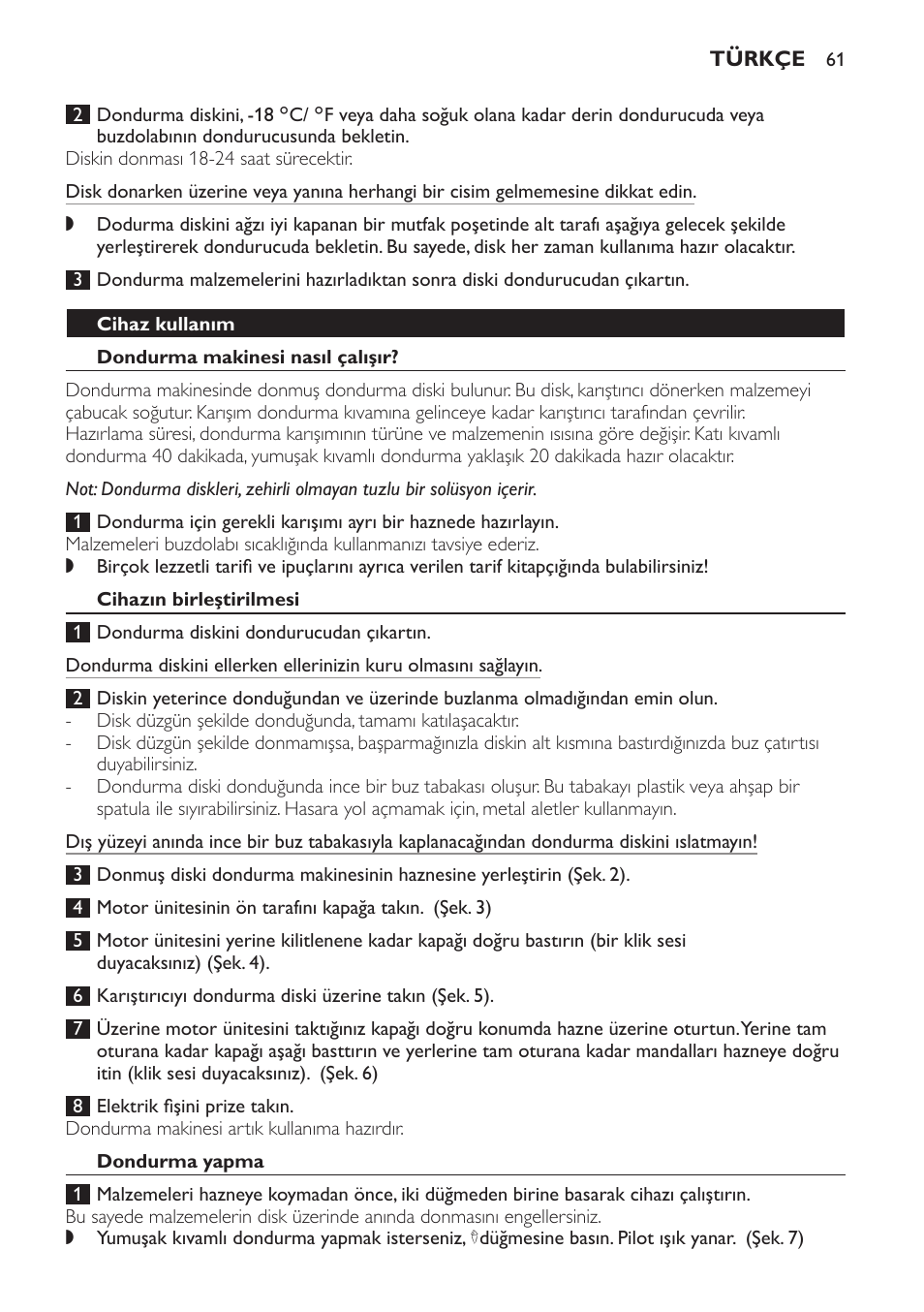 Cihaz kullanım, Dondurma makinesi nasıl çalışır, Cihazın birleştirilmesi | Dondurma yapma | Philips Sorbetière User Manual | Page 61 / 68