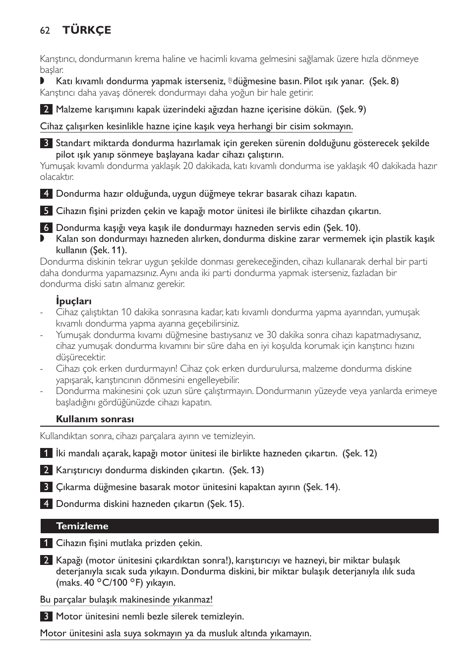 Ipuçları, Kullanım sonrası, Temizleme | Philips Sorbetière User Manual | Page 62 / 68