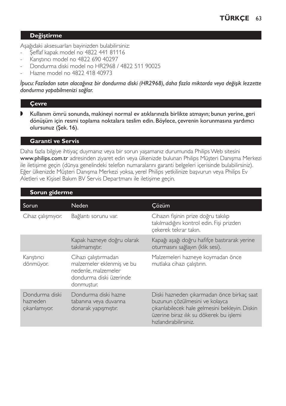 Değiştirme, Çevre, Garanti ve servis | Sorun giderme | Philips Sorbetière User Manual | Page 63 / 68