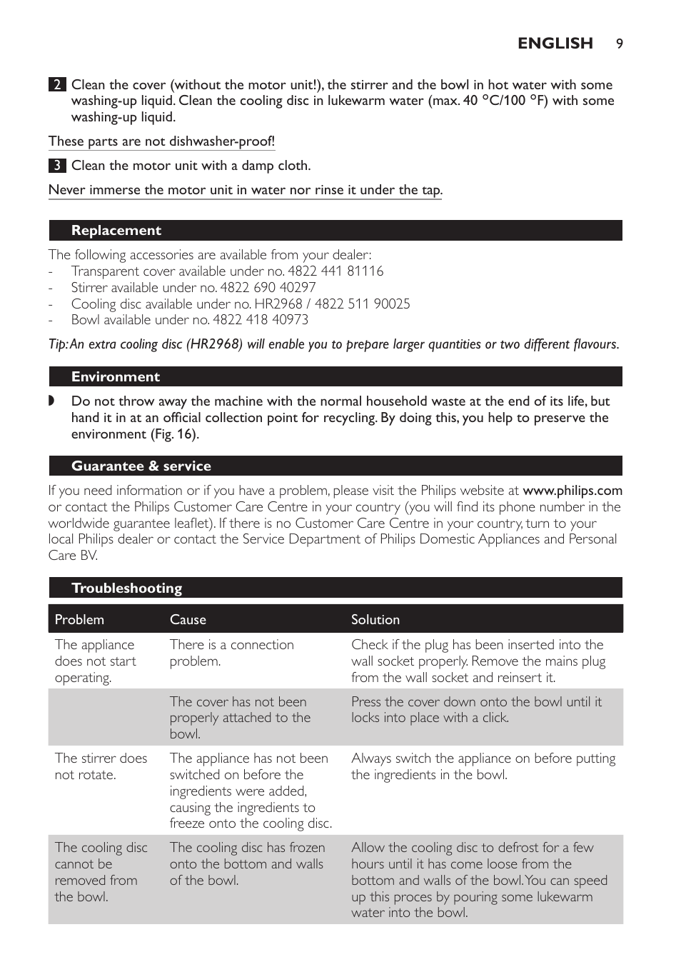 Replacement, Environment, Guarantee & service | Troubleshooting | Philips Sorbetière User Manual | Page 9 / 68