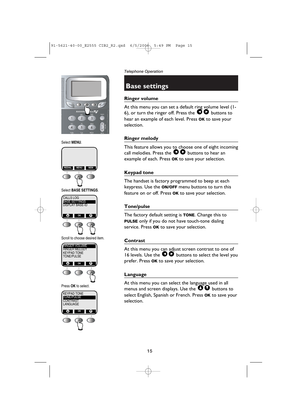 Base settings | AT&T E2555 User Manual | Page 17 / 46