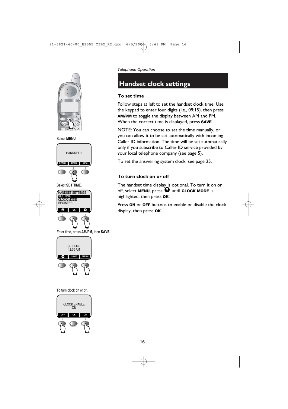 Handset clock settings | AT&T E2555 User Manual | Page 18 / 46